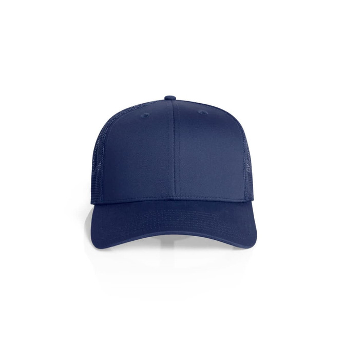 A navy Mesh Trucker Cap with a solid front panel and mesh back. It features a logo on the front.