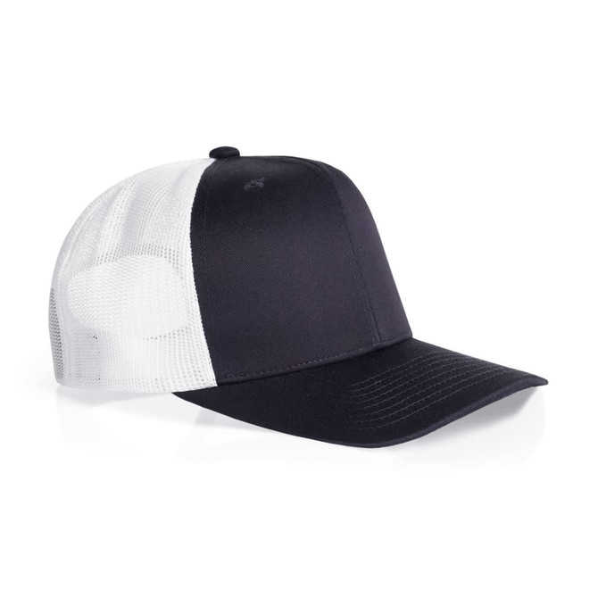 A black and white mesh contrast trucker cap featuring a structured front and a breathable mesh back.