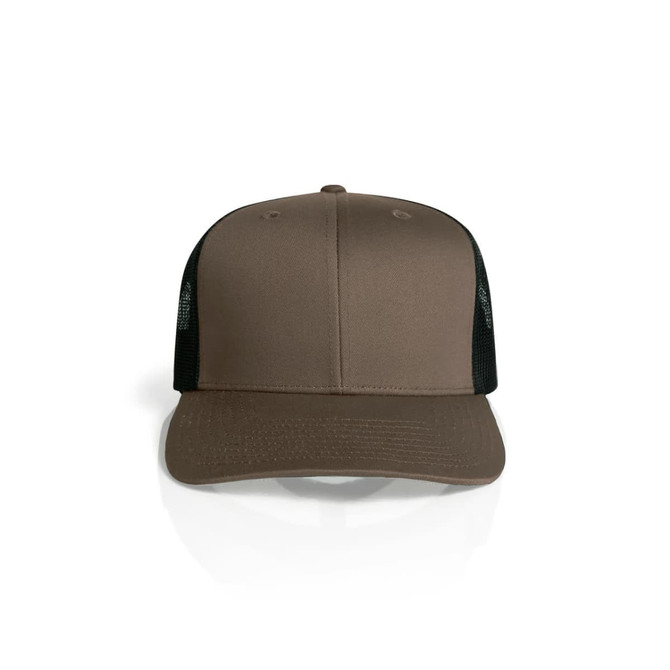 Brown trucker cap with mesh sides and a curved peak, featuring a logo on the front.