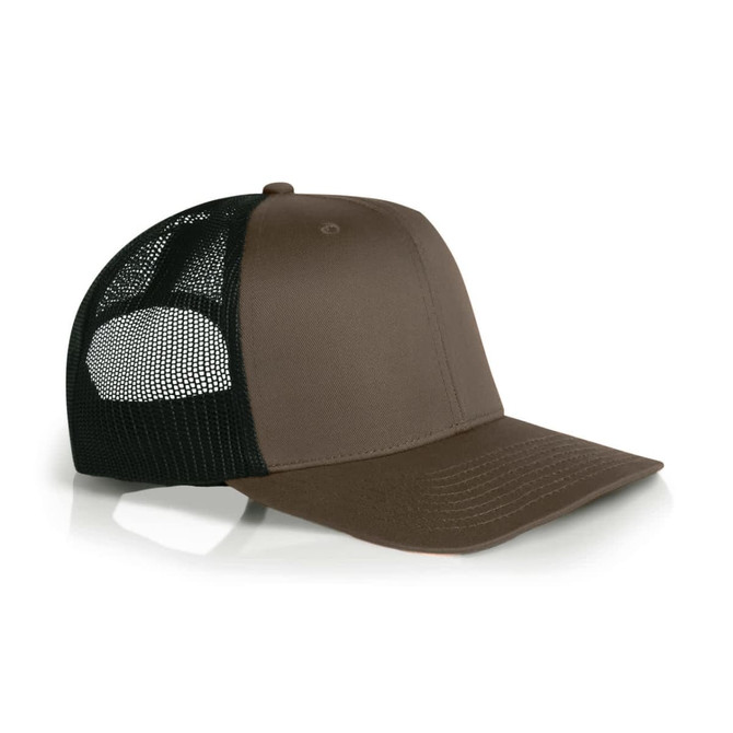 A brown Mesh Contrast Trucker Cap featuring a solid front and a black mesh back. It has a structured design and a logo.