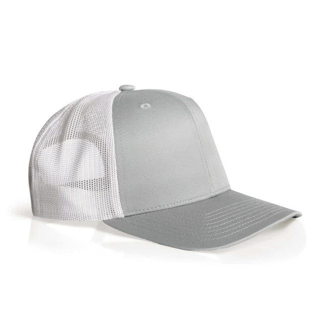 A grey trucker cap with a mesh back and adjustable fit, featuring branding on the front.
