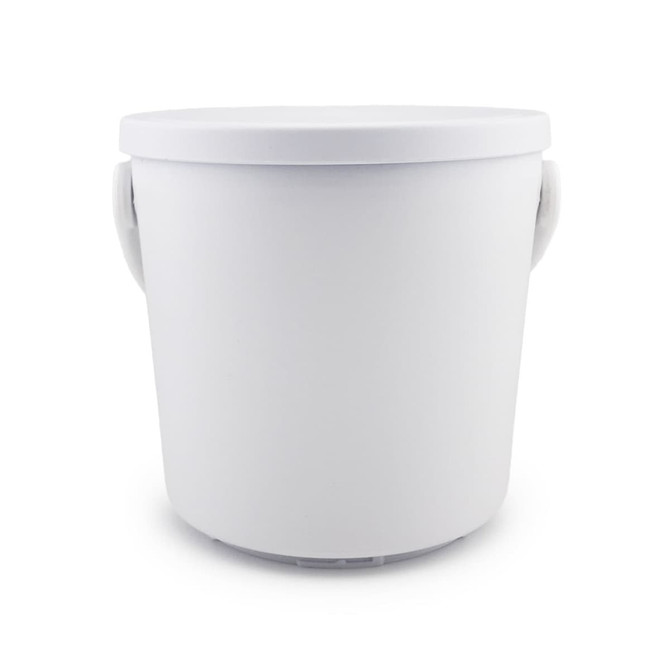 A white plastic bucket with a lid and two handles for easy carrying.