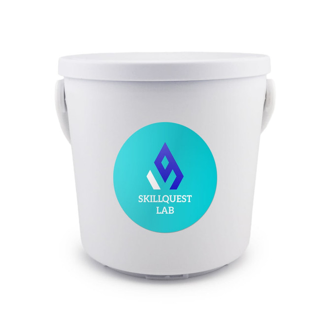 A white bucket featuring a large turquoise and blue circular logo with the text "SkillQuest Lab."