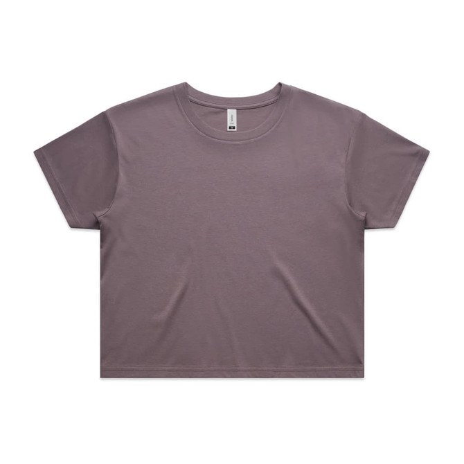 A cropped tee in a muted purple colour, featuring a relaxed fit and rounded neckline. It has a logo tag.