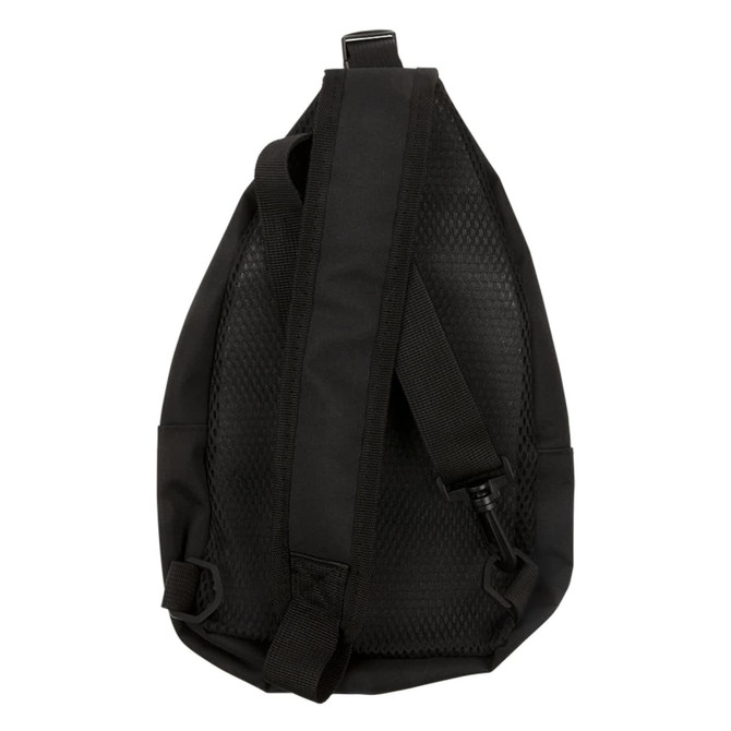 A black Sling RPET Travel Bag with a textured surface and adjustable straps. It features a logo.