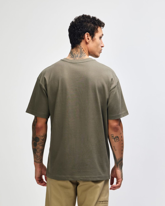 A back view of an olive green American Apparel Super Heavyweight T-Shirt, featuring a plain design and a brand logo.