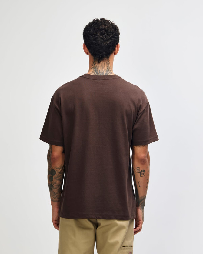 A brown t-shirt with short sleeves, viewed from the back, featuring a logo.