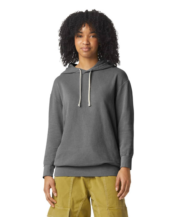 A lightweight hooded sweatshirt in grey, featuring a drawstring hood and ribbed cuffs, displayed on a model.