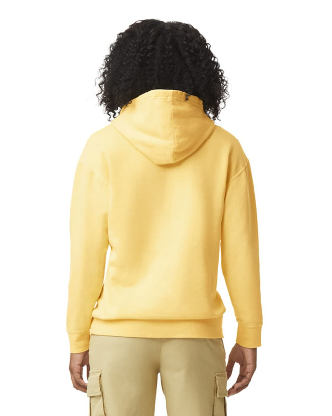 A lightweight hooded sweatshirt in a vibrant yellow, featuring a hood and a logo on the back.