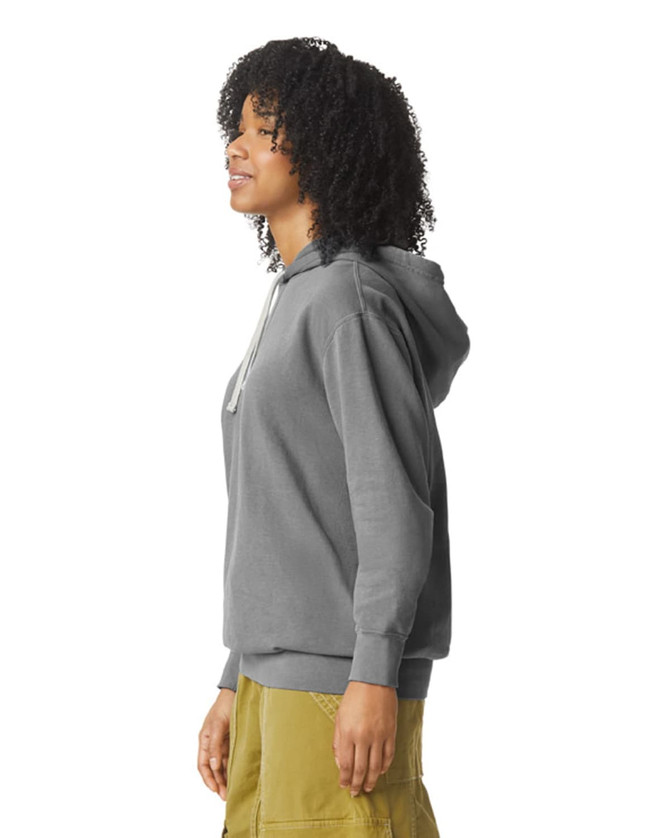 A grey lightweight hooded sweatshirt with a front pocket and drawstring hood, featuring a logo.