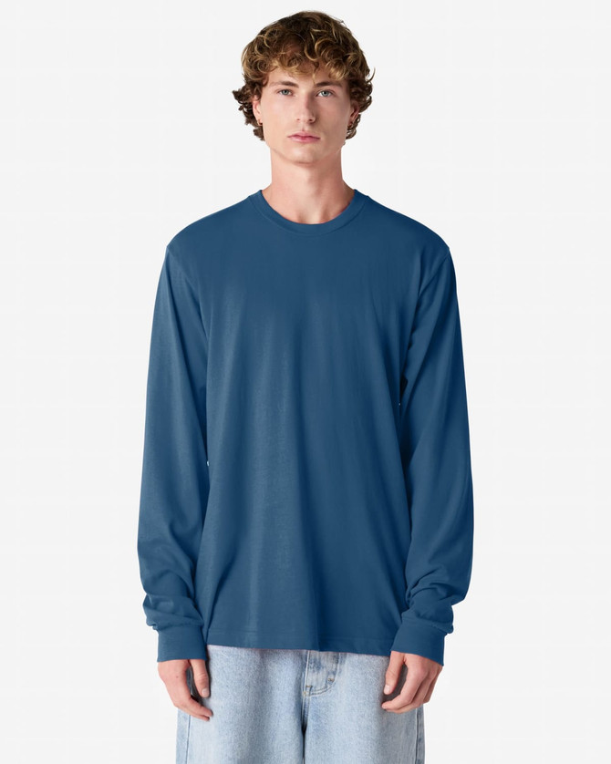 A long sleeve t-shirt in a deep blue hue, featuring a round neckline and a logo on the front.