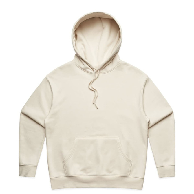 A cream-coloured hoodie featuring a front pocket and a drawstring hood, with a logo on the garment.