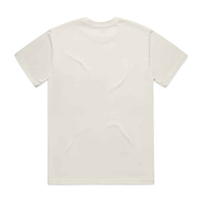 A plain light cream T-shirt with short sleeves and a round neck, featuring a logo on the back.