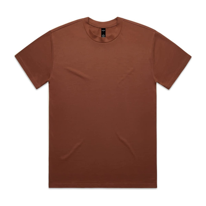 A brown t-shirt with a crew neck and short sleeves, featuring a logo in the neckline area.