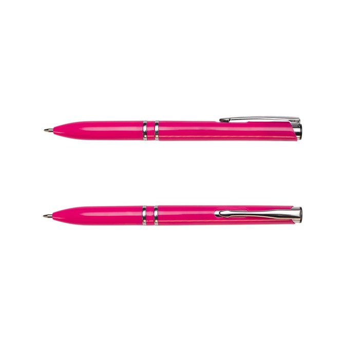 A shiny pink pen with silver detailing and a clip, featuring a polished finish.