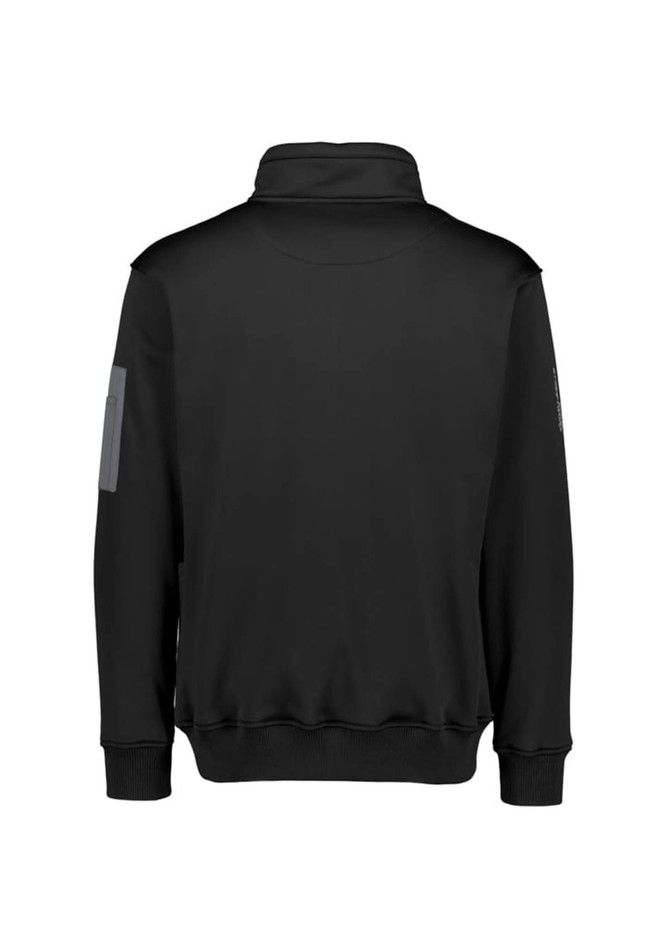A black unisex 1/4 zip pullover with a high collar and a logo on the sleeve.