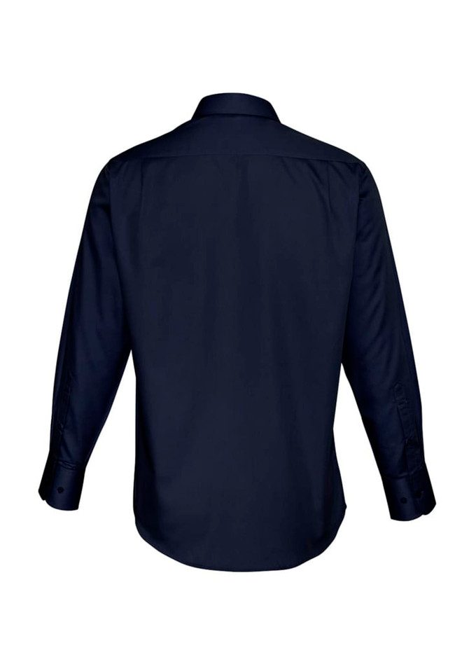 A long-sleeve shirt in navy blue with a collar and button-up cuffs, featuring a logo on the back.