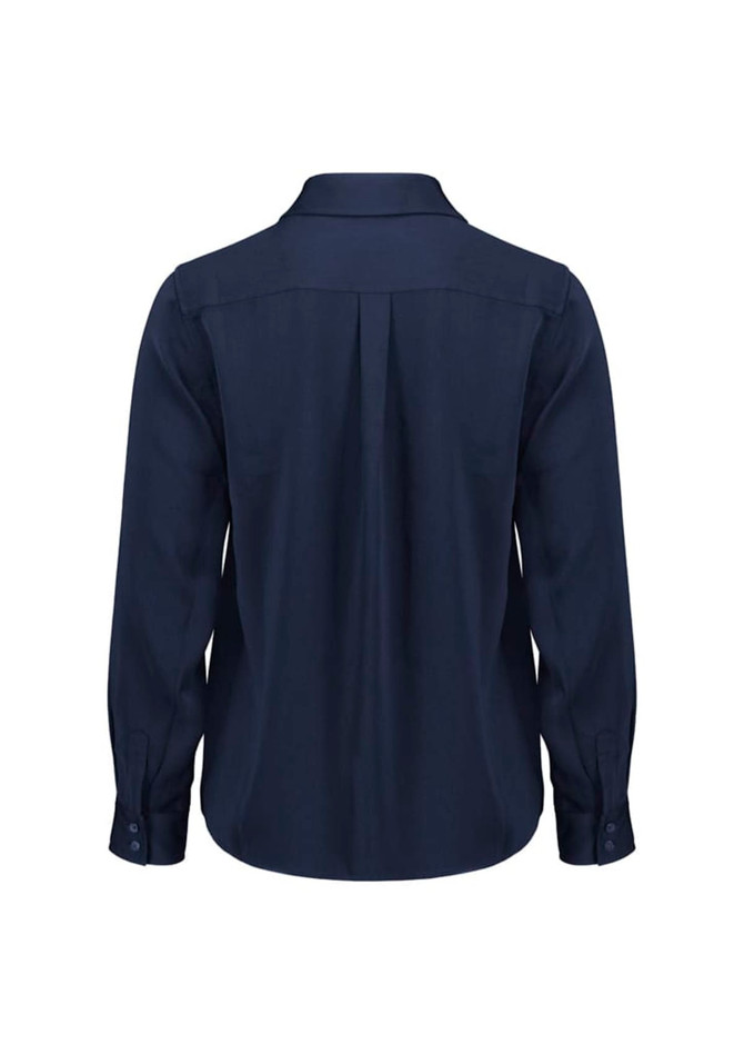 A navy blue women's long sleeve shirt featuring a collared neckline and back pleat detail. It includes a logo.