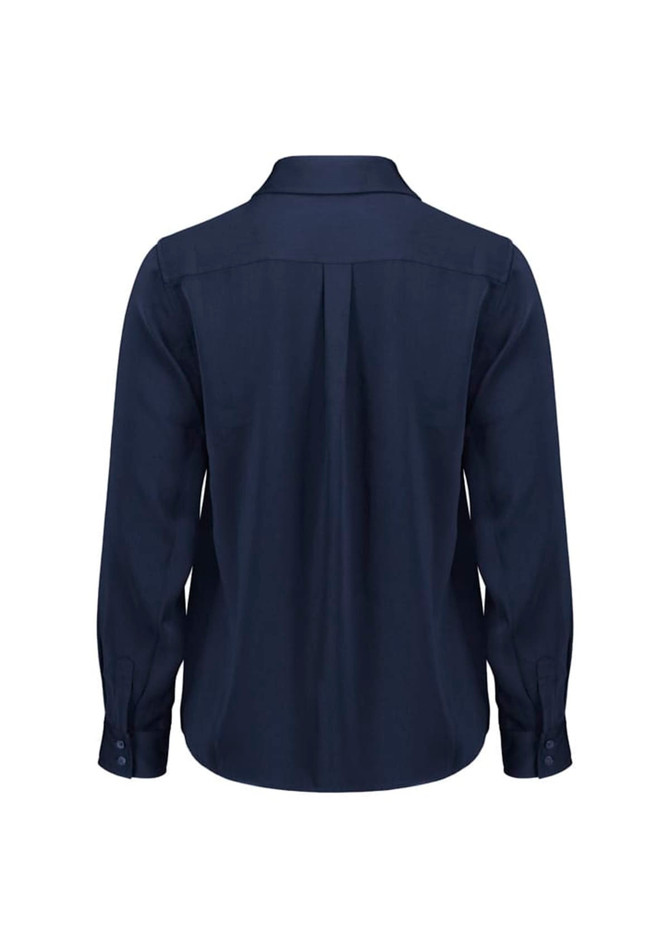 A navy blue women's long sleeve shirt featuring a collared neckline and back pleat detail. It includes a logo.