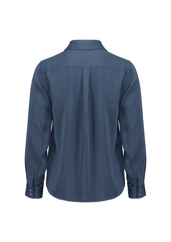 A women's long sleeve shirt in a navy blue colour, featuring a back pleat and buttoned cuffs. It has a logo present.