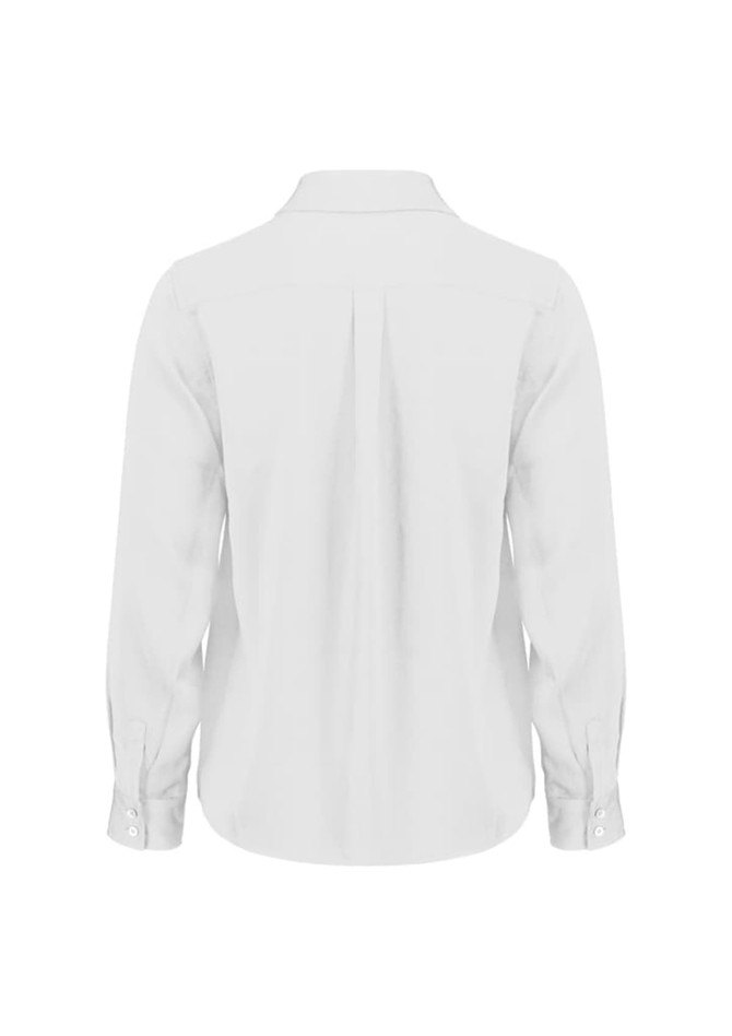A white long sleeve shirt with a collar and buttoned cuffs, featuring a central back pleat. It has a logo.