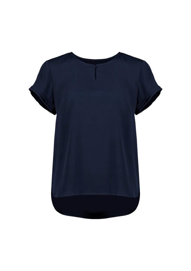 A navy blue women's short sleeve blouse with a round neckline and rolled sleeves, featuring a slightly longer back.