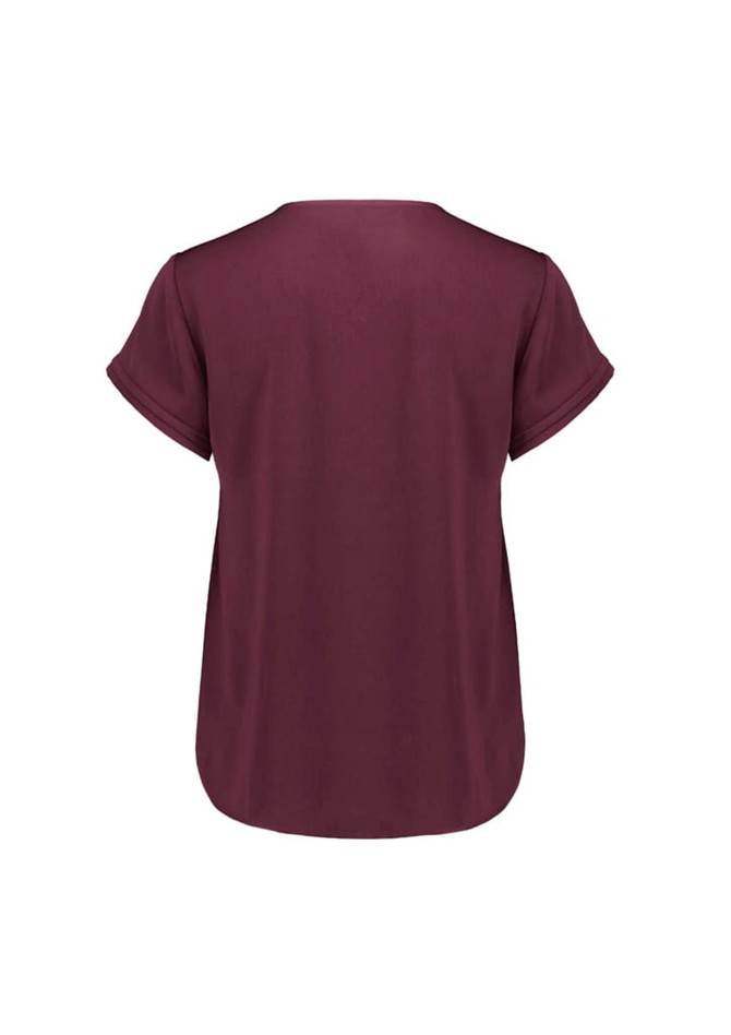 A women's short sleeve blouse in a deep burgundy colour, featuring rolled sleeves and a relaxed fit.
