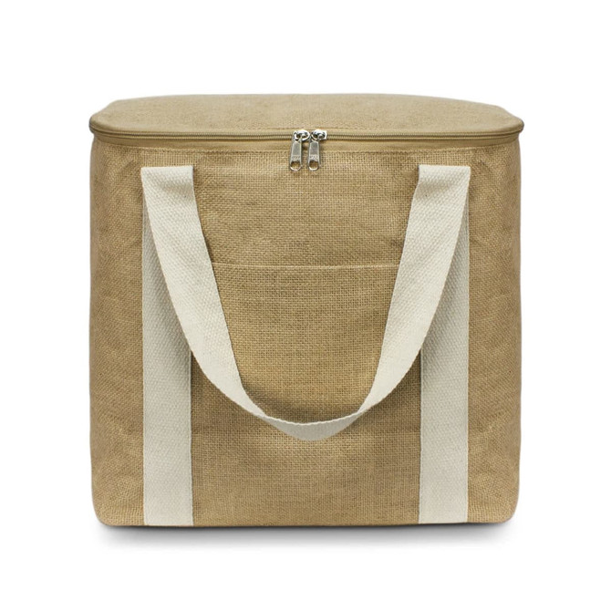 A cooler bag with a zip closure and white straps. The bag features a textured surface and a front pocket.