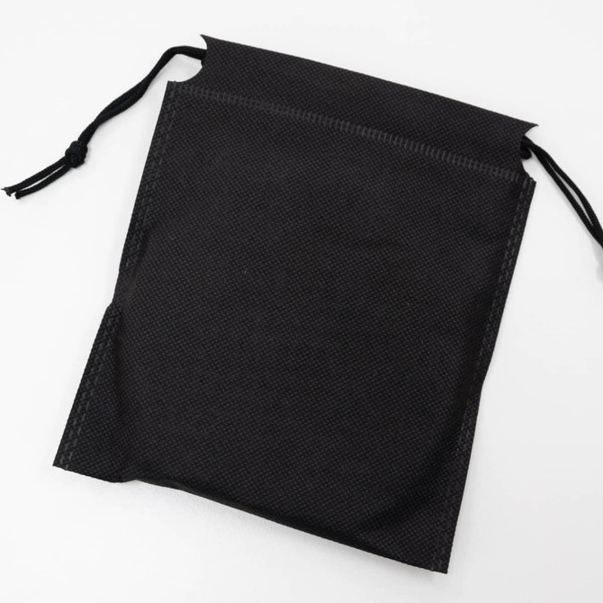 A black drawstring pouch with a textured surface and open top, designed for storage or carrying items.