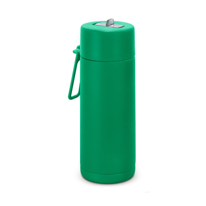 A drink bottle in a vibrant green colour, featuring a handle and a metal opening at the top for easy access.