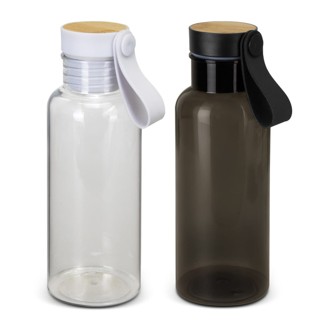 A drink bottle in clear and smoky black colours with a bamboo lid and a handle, featuring a logo.