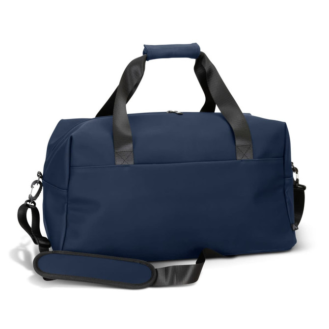 A navy blue duffle bag with black straps and a detachable shoulder strap, featuring a zippered closure and a logo.
