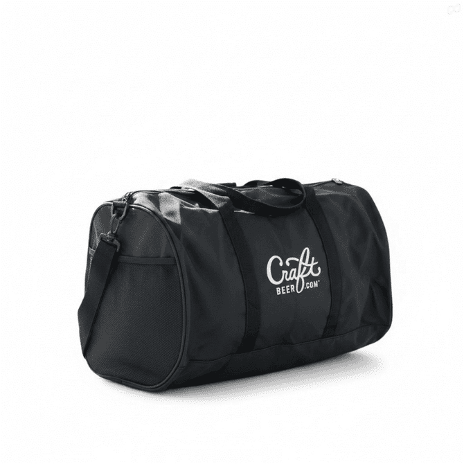 A black duffle bag with a logo, featuring a zippered main compartment and handles.