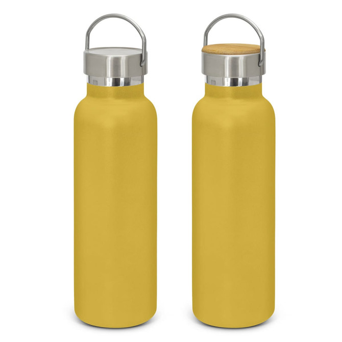 A drink bottle in a vibrant yellow, featuring a stainless steel lid and a wooden accent, with a sleek powder-coated finish.