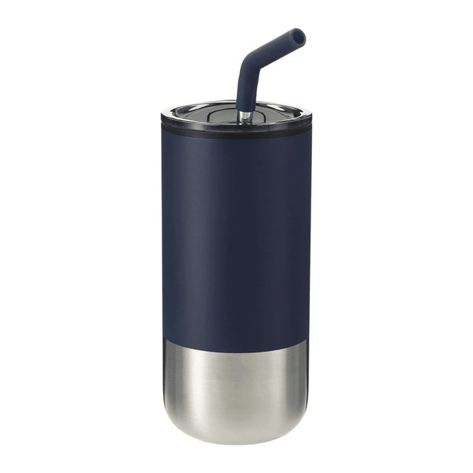 A drink bottle featuring a navy exterior and stainless steel base, complete with a black straw and lid.