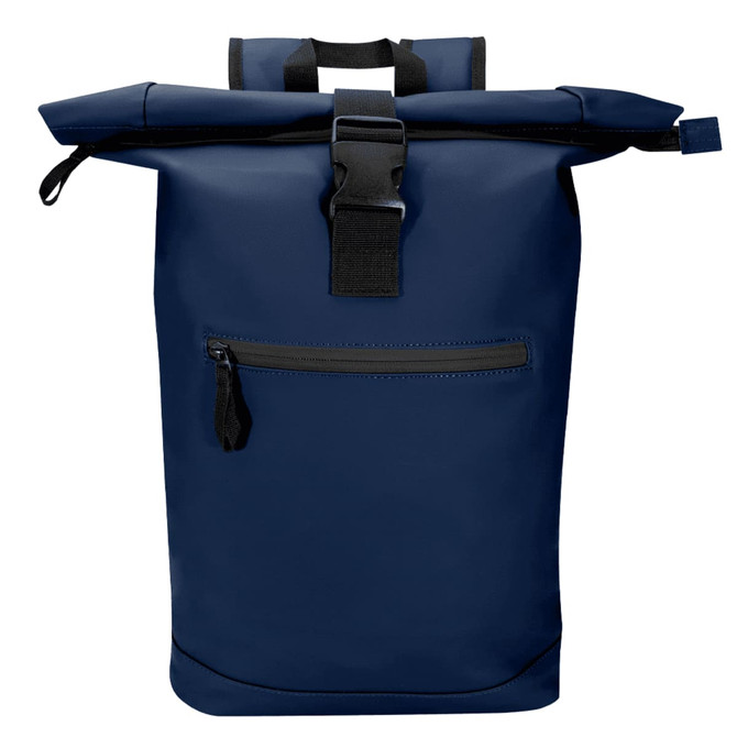 A navy blue roll-top backpack with a front zip pocket and a buckle closure, featuring a logo on the front.