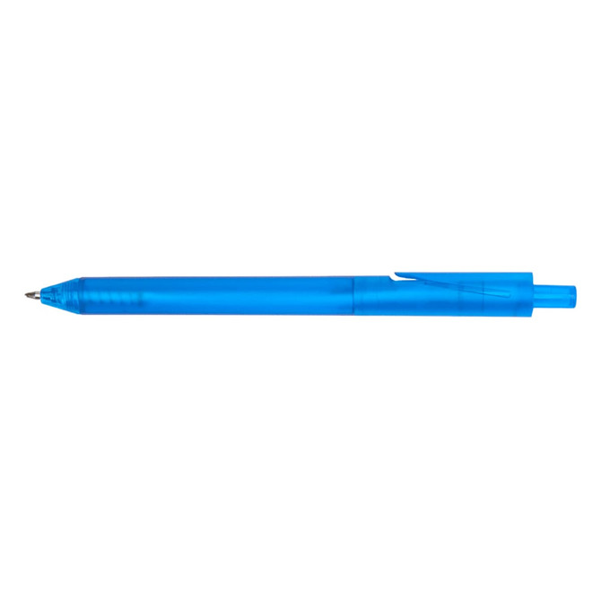 A blue pen with a transparent barrel and a rounded tip. It has a clip for easy attachment.