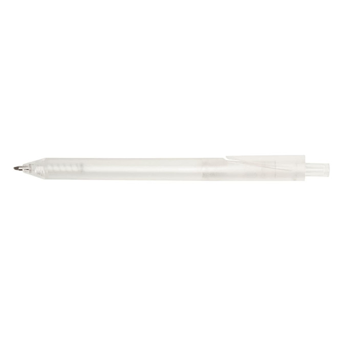 A clear pen with a smooth barrel and a clip for easy attachment. It features a transparent design.