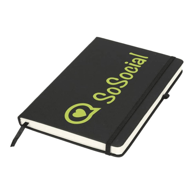 A black journal book with a green logo and text on the cover, featuring a ribbon bookmark.