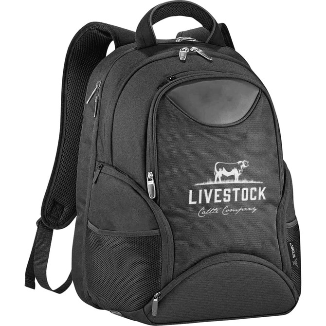 A black laptop backpack with multiple pockets and a branding logo. Features padded straps for comfort.