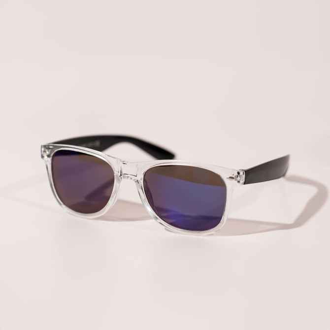 Haze Sunglasses feature a clear frame with dark lenses and a sleek black arm design. They have a logo on the side.
