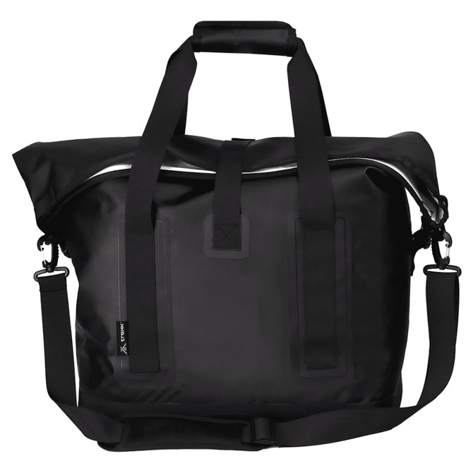 A black soft roll-top cooler bag with sturdy handles and a detachable shoulder strap. It features a logo.