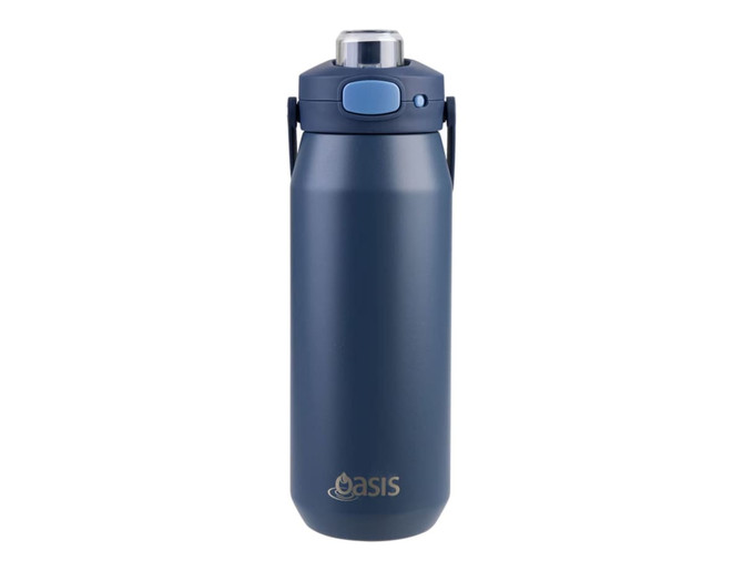 A drink bottle in navy blue with a quick release lid and a logo on the front.