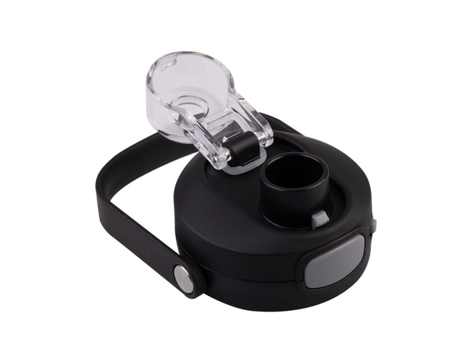 A drink bottle lid featuring a quick-release mechanism, predominantly black with a transparent section.