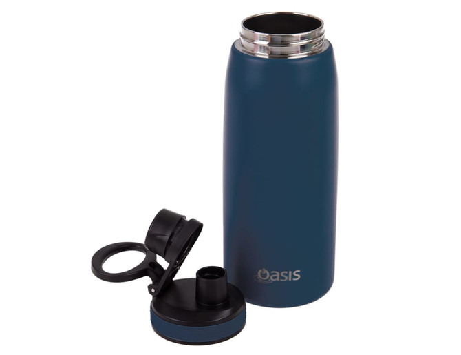 A drink bottle with a sleek navy blue finish, featuring a black screw cap and an attached lid. It has a logo.