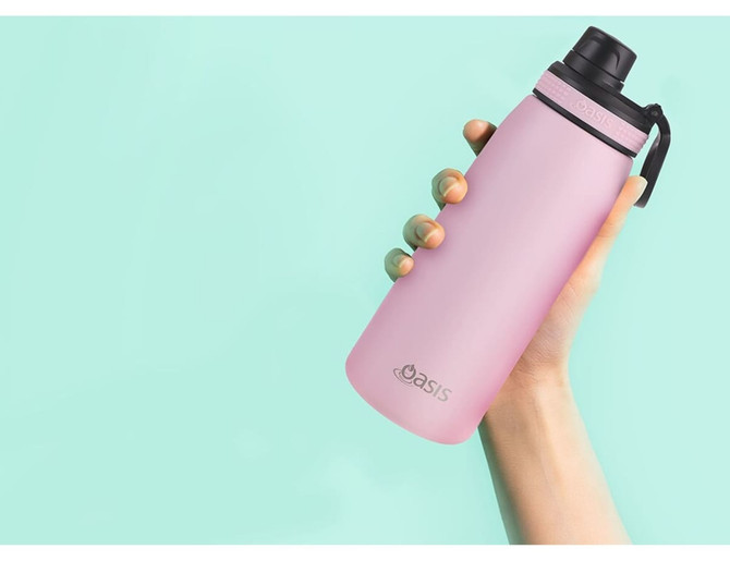 A drink bottle in a sleek pink colour, featuring a screw cap and a brand logo.