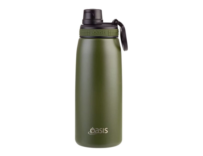 A drink bottle in olive green with a vacuum seal and a screw cap, featuring a logo on the front.