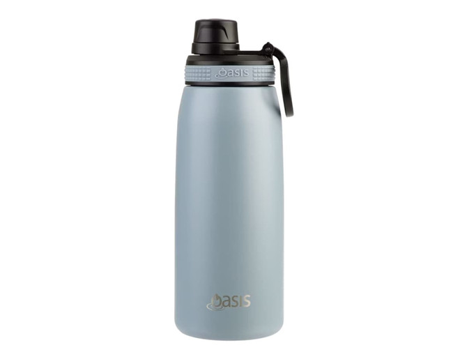 A drink bottle in a light blue colour, featuring a screw cap and a brand logo on the side.