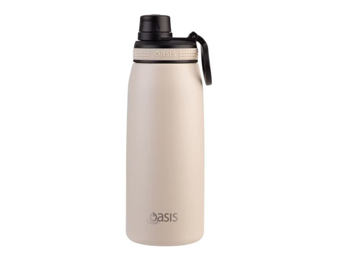 A drink bottle in a light beige colour with a black screw cap and a logo. Features a sleek, vacuum-insulated design.