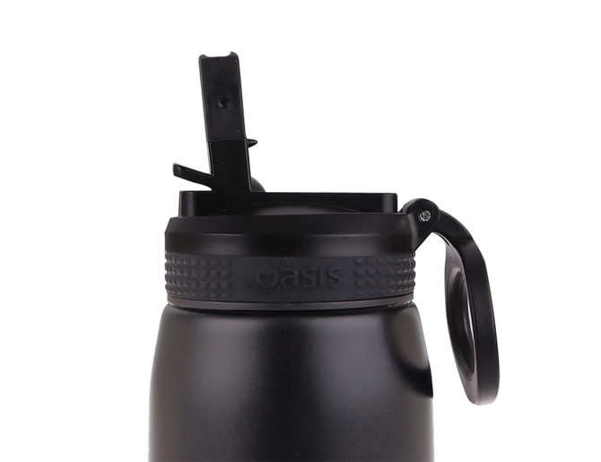 A drink bottle with a black finish, featuring a spout and a handle, and a logo on the body.